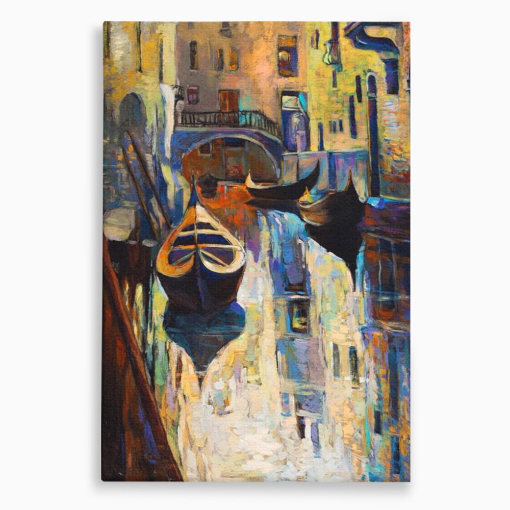 Tablou canvas cu pictura canvas cu gondole in venetia, fara rama, pe sasiu de lemn